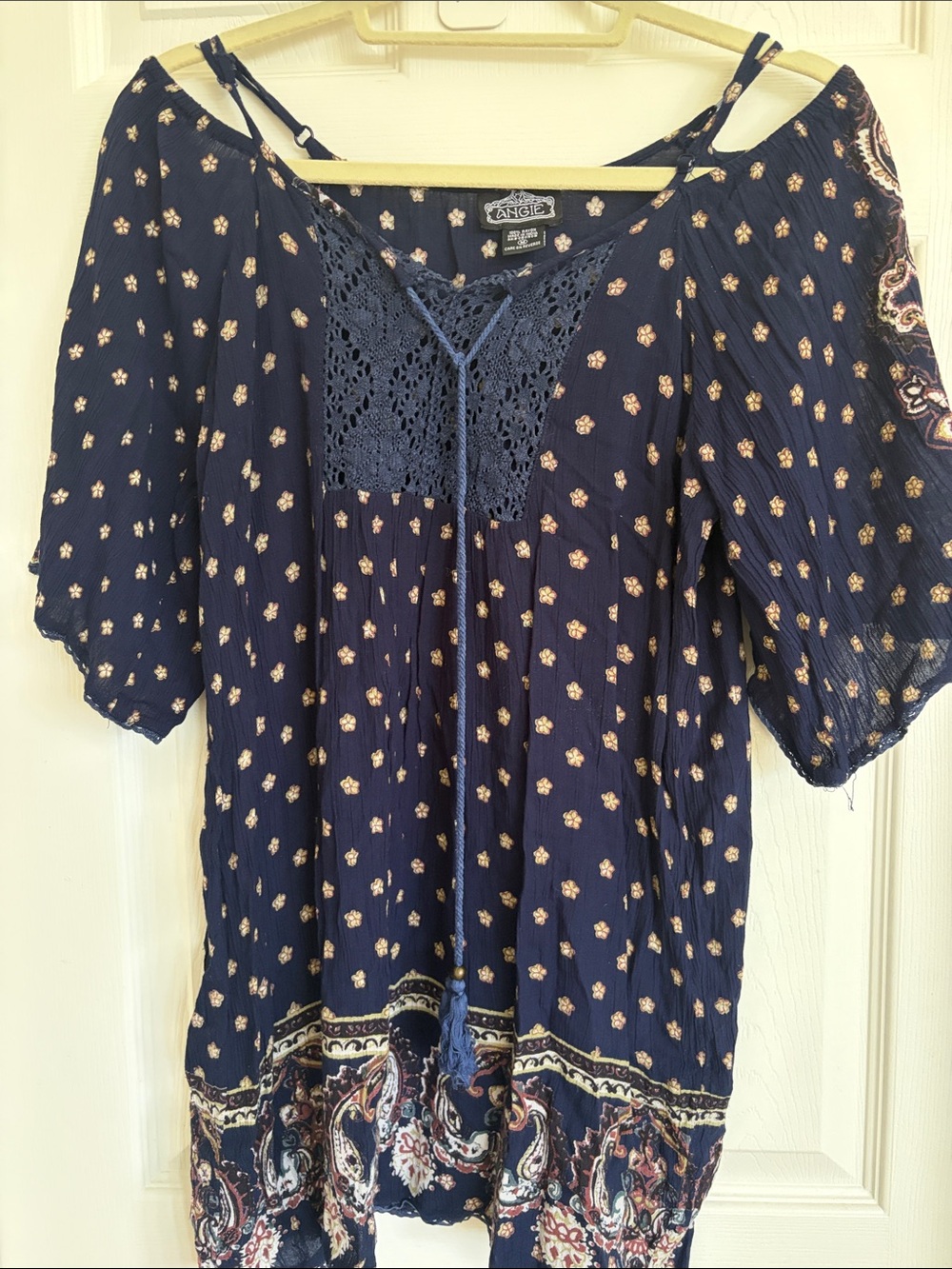 Angie Navy Floral Crochet-Yoke Boho Tunic